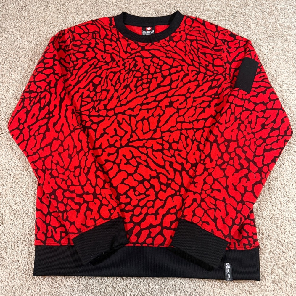 Southpole Sweatshirt Mens Large Red Black‎ Elephant Print Zip Pocket Excellent